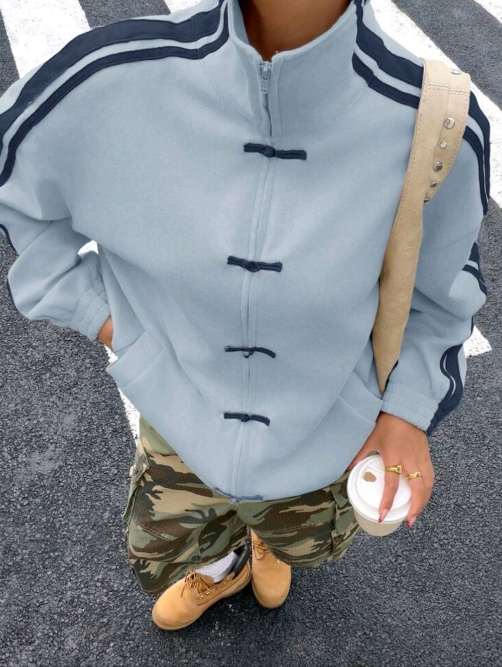 Light Blue Track-Style Zip Jacket with Navy Accents